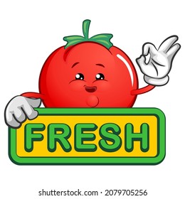 mascota vectorial del tomate levantando el cartel de ok de la mano encima del tablero que dice fresco