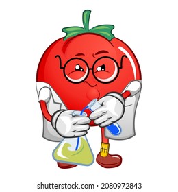 vector mascot character of cute tomato who became a scientist doing chemical research