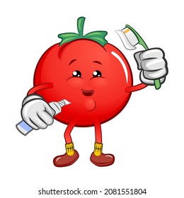 vector mascot character of cute tomato holding toothpaste and toothbrush