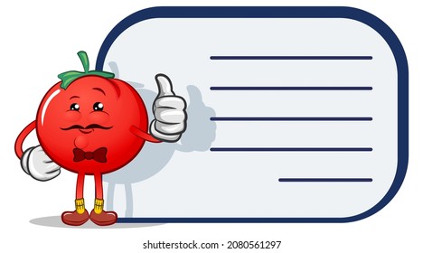 vector mascot character of cute tomatoes in front of a ready-to-write paper with thumbs up
