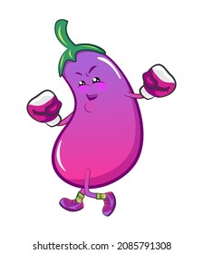 vector mascot character of eggplant practicing boxing wearing purple boxing gloves