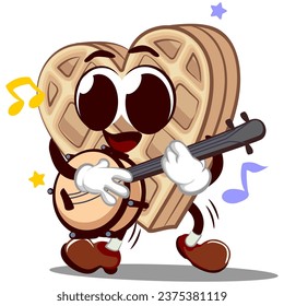 vector mascot character of heart shaped waffle cake playing banjo musical instrument. Isolated vector flat cartoon character illustration design