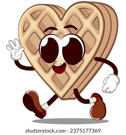 vector mascot character from a heart-shaped waffle walking while waving