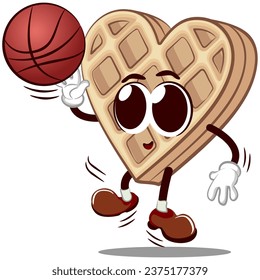 vector mascot character from a heart-shaped waffle playing basketball