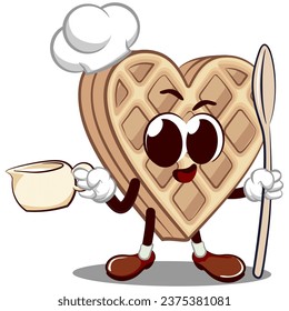 vector mascot character of a heart-shaped waffle cake carrying cream and a spoon