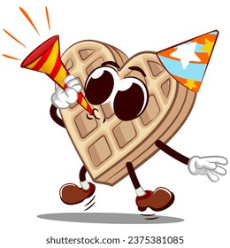 vector mascot character from a heart-shaped waffle cake blowing a party trumpet while wearing a party hat