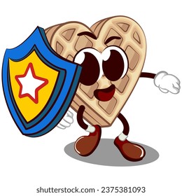 personaje de mascota vectorial de una torta de gofre en forma de corazón que lleva un escudo con un símbolo de estrella