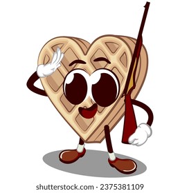 vector mascot character from a heart-shaped waffle cake holding a weapon while giving a salute