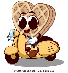 vector mascot character of a heart-shaped waffle cake riding a scooter