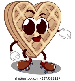 Vector mascot character of a heart-shaped waffle cake is rollerblading with enthusiasm