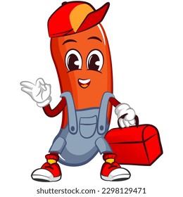 ilustración vectorial de carácter mascota de una salchicha para todo propósito con un sombrero y una caja de herramientas