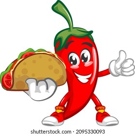 vector mascot character illustration of chili bringing delicious taco