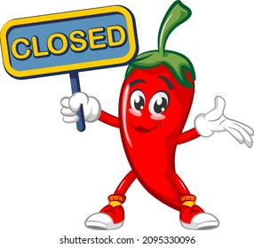 vector mascot character illustration of chili happily holding a sign that says close