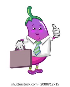 vector mascot character illustration of cute eggplant office clothes with suitcase file