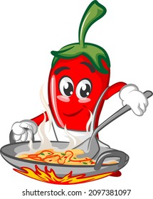 vector mascot character illustration of cute chef chili frying happily