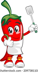 vector mascot character illustration of cute chili chef brandishing his spatula