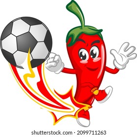 vector mascot character illustration of cute chili kicking soccer ball