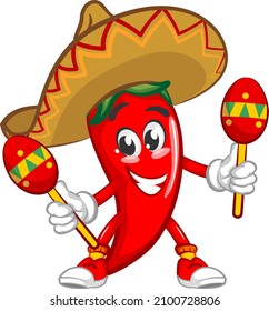 vector mascot character illustration of cute chili wearing traditional Mexican wide hat playing maracas music happily