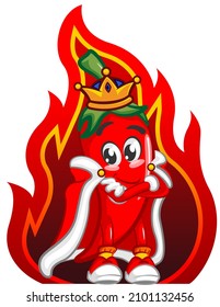 vector mascot character illustration of cute chili king icon folded hands with a crown on his head and a red cape, on a smoldering hot fire background