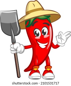 vector mascot character illustration of cute chili farmer icon carrying a shovel