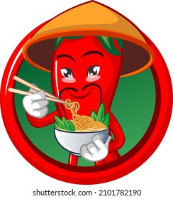 vector mascot character illustration of cute chili wearing oriental asian farmer hat eating noodles