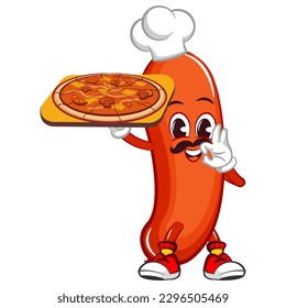 vector mascot character illustration of a delicious pizza maker chef sausage