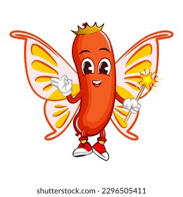 vector mascot character illustration of a fairy sausage crowned with butterfly wings carrying a magic wand