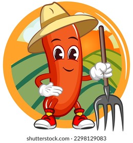 ilustración de carácter de mascota vectorial de una salchicha de granja en emblema del logotipo del campo de arroz