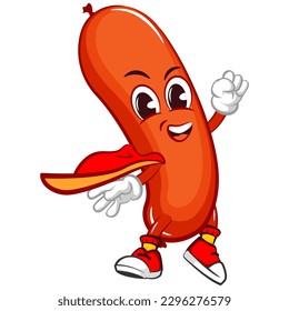 vector mascot character illustration of a flying sausage being a superhero