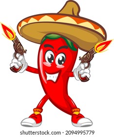 vector mascot character illustration of mexico chili shooting a gun happily