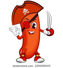 vector mascot character illustration of a one-eyed pirate sausage in a hat and carrying a dagger