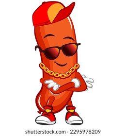 vector mascot character illustration of a sausage with a mustache wearing a hat, sunglasses and a gold chain necklace in hip hop style