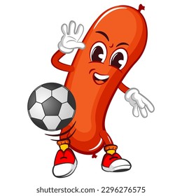 vector mascot character illustration of a sausage playing soccer