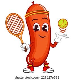 vector mascot character illustration of a sausage playing tennis