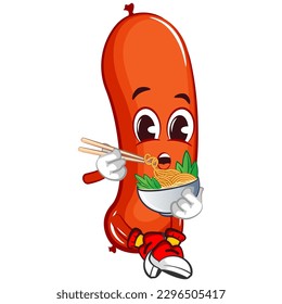 vector mascot character illustration of a sausage eating a bowl of noodles with chopsticks