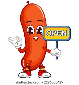 vector mascot character illustration of a sausage with a sign that says open