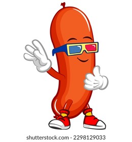 vector mascot character illustration of a sausage wearing 3d glasses for watching cinema