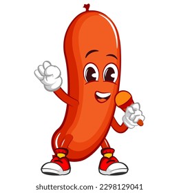 vector mascot character illustration of a sausage singing with a mic