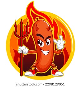 vector mascot character illustration of a sausage with a fork with a ferocious face in front of a burning fire in a round logo illustration