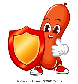 vector mascot character illustration of a sausage taking cover with shield with thumbs up