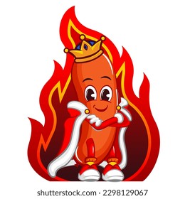 vector mascot character illustration of a sausage becomes king with a crown and royal robes in front of a burning fire