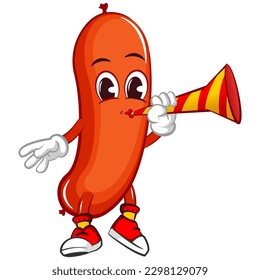vector mascot character illustration of a sausage blowing a party trumper