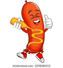 vector mascot character illustration of a sausage giving it self mustard