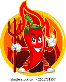 vector mascot character illustration of scary devil cute chili on a background of smoldering fire in a circle