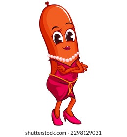 ilustración de personaje de mascota vectorial de una salchicha de mujer sexy con un vestido rosa de lujo y un collar de perlas