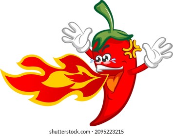 vector mascot character illustration of super spicy chili spitting hot fire while raising his two hands up