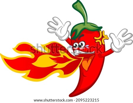 vector mascot character illustration of super spicy chili spitting hot fire while raising his two hands up