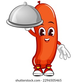 vector mascot character illustration of a waiter sausage bringing a dish