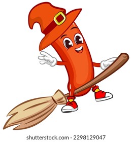 vector mascot character illustration of a witch sausage in a hat flying with a magic broom