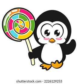 vector mascot character a penguin holding a big candy